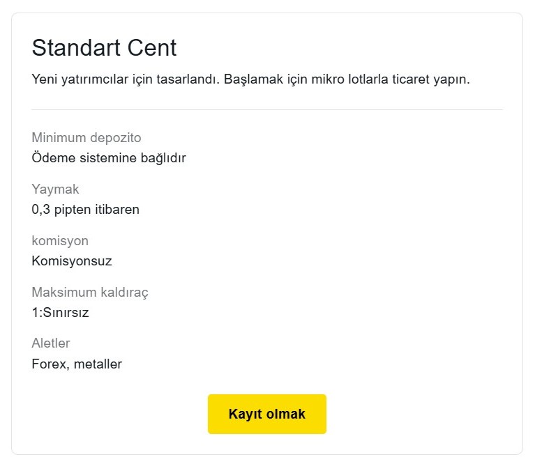 Exness Standart Cent Hesap Türleri