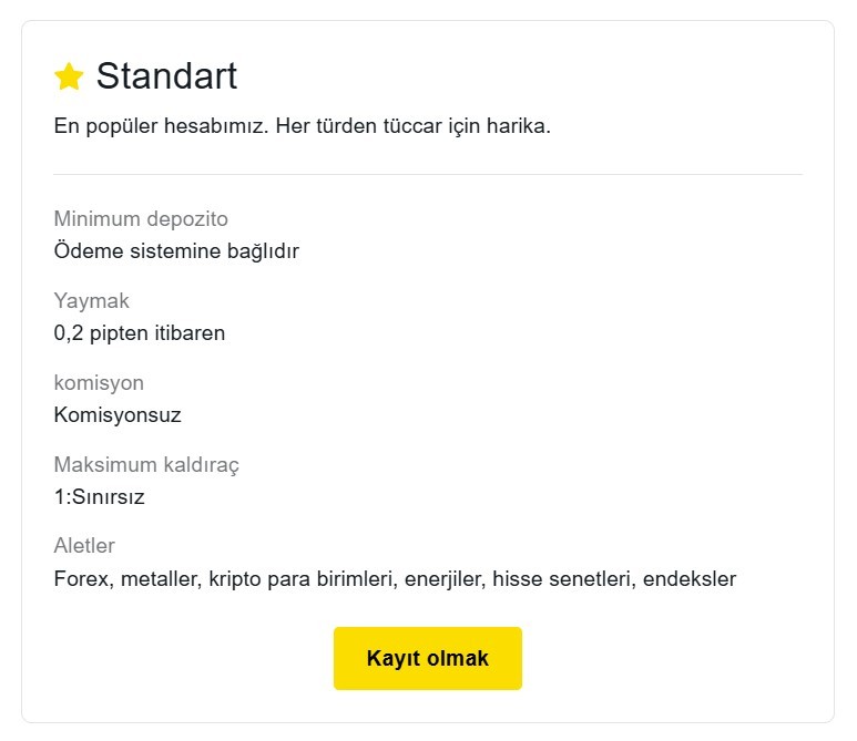 Exness Standart Hesap Türleri